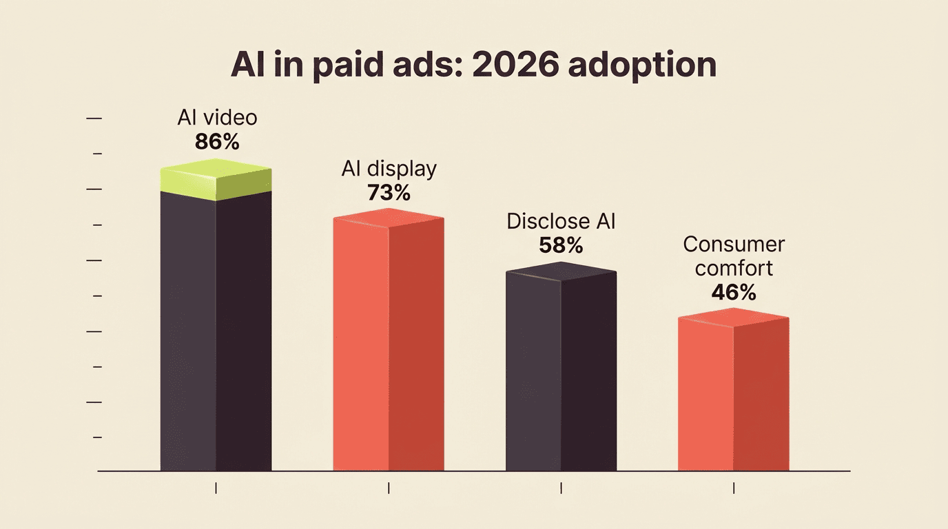Bar chart of AI adoption in paid ads: AI video 86%, AI display 73%, disclose AI 58%, consumer comfort 46%
