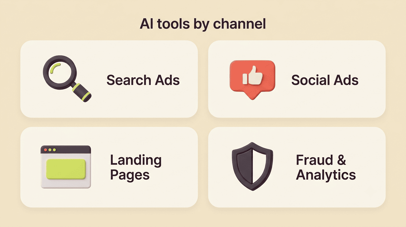 Grid of AI ad tool categories by channel: search ads, social ads, landing pages, fraud and analytics