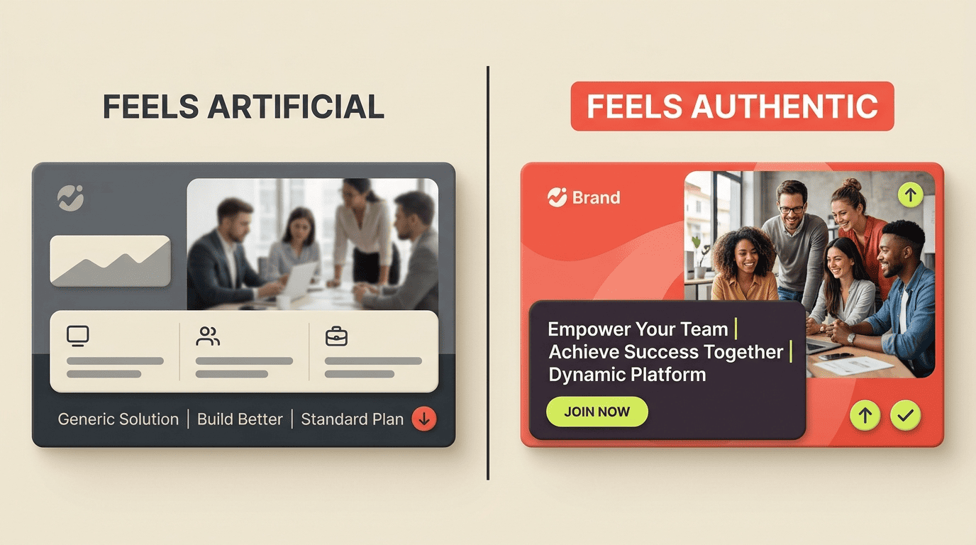 Comparison of an ad that feels artificial versus one that feels authentic and on-brand