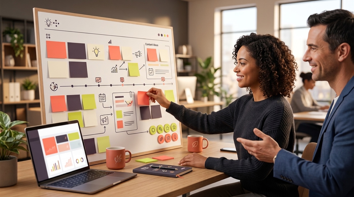 A marketer planning a campaign on a strategy canvas with AI-suggested angles, channels and a simple content calendar