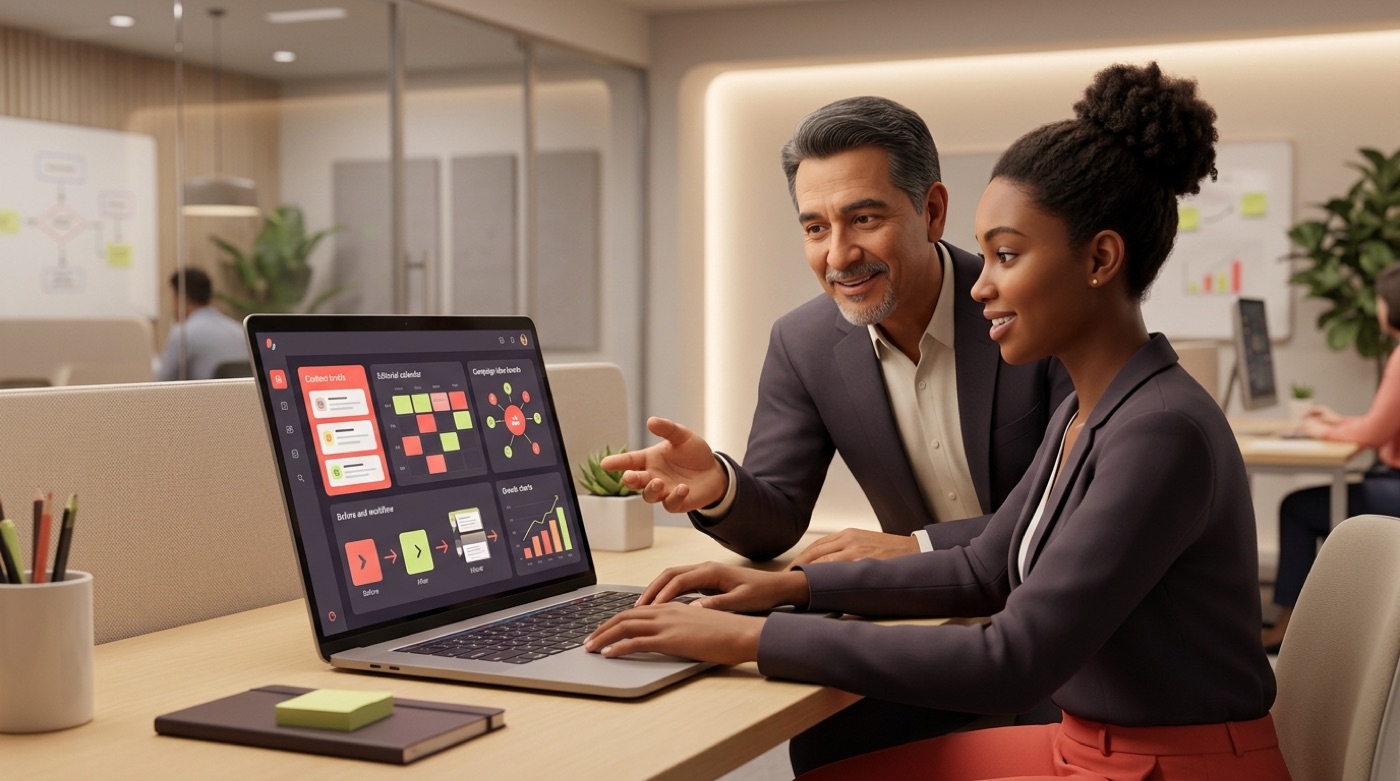 A marketer drafting social posts, emails and ad copy with an AI writing assistant showing content cards and an editorial calendar
