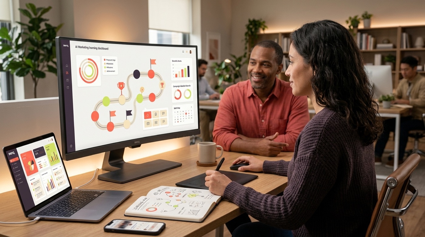 A marketer following an AI-skills learning roadmap with prompt examples and a review checklist, guided by a mentor