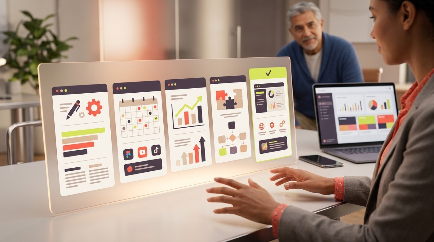A marketer comparing several AI marketing tool panels side by side and choosing the right one for the task, with a checkmark on the pick