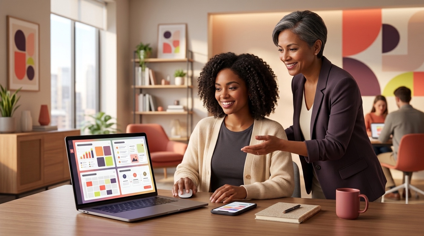 A marketer at a desk using an AI marketing assistant, with AI-drafted content cards, a campaign idea board and an editorial calendar on screen