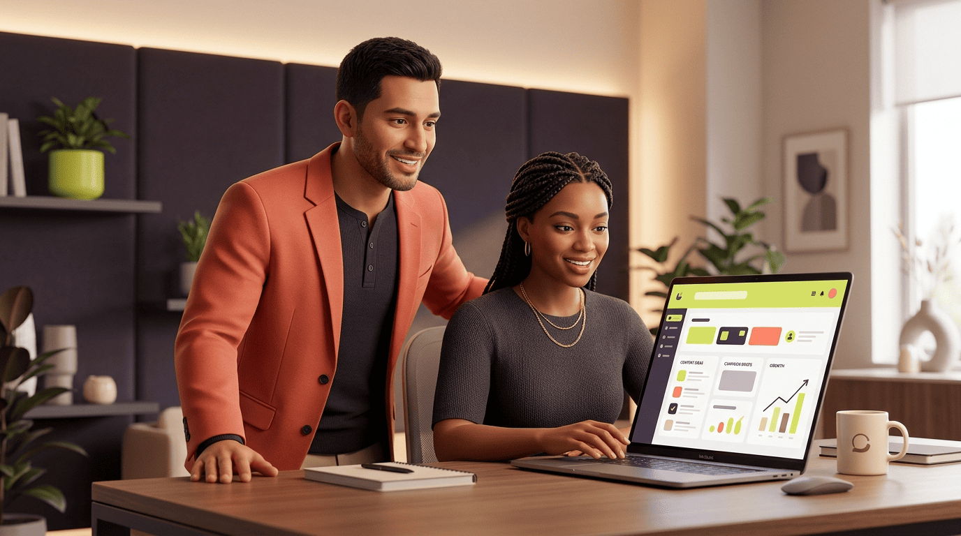 A marketing mentor guiding a marketer using AI content panels on a laptop