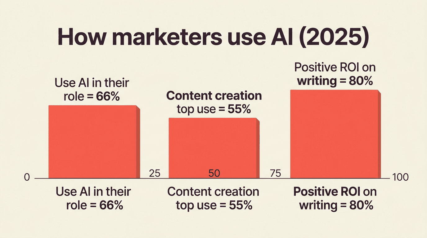 Bar chart of how marketers use AI in 2025: 66% use it in their role, 55% for content creation, 80% see positive ROI on writing