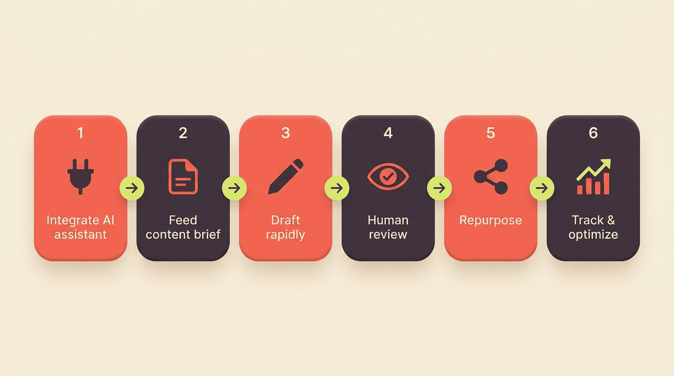 Six-step AI content workflow: integrate AI assistant, feed content brief, draft rapidly, human review, repurpose, track and optimize