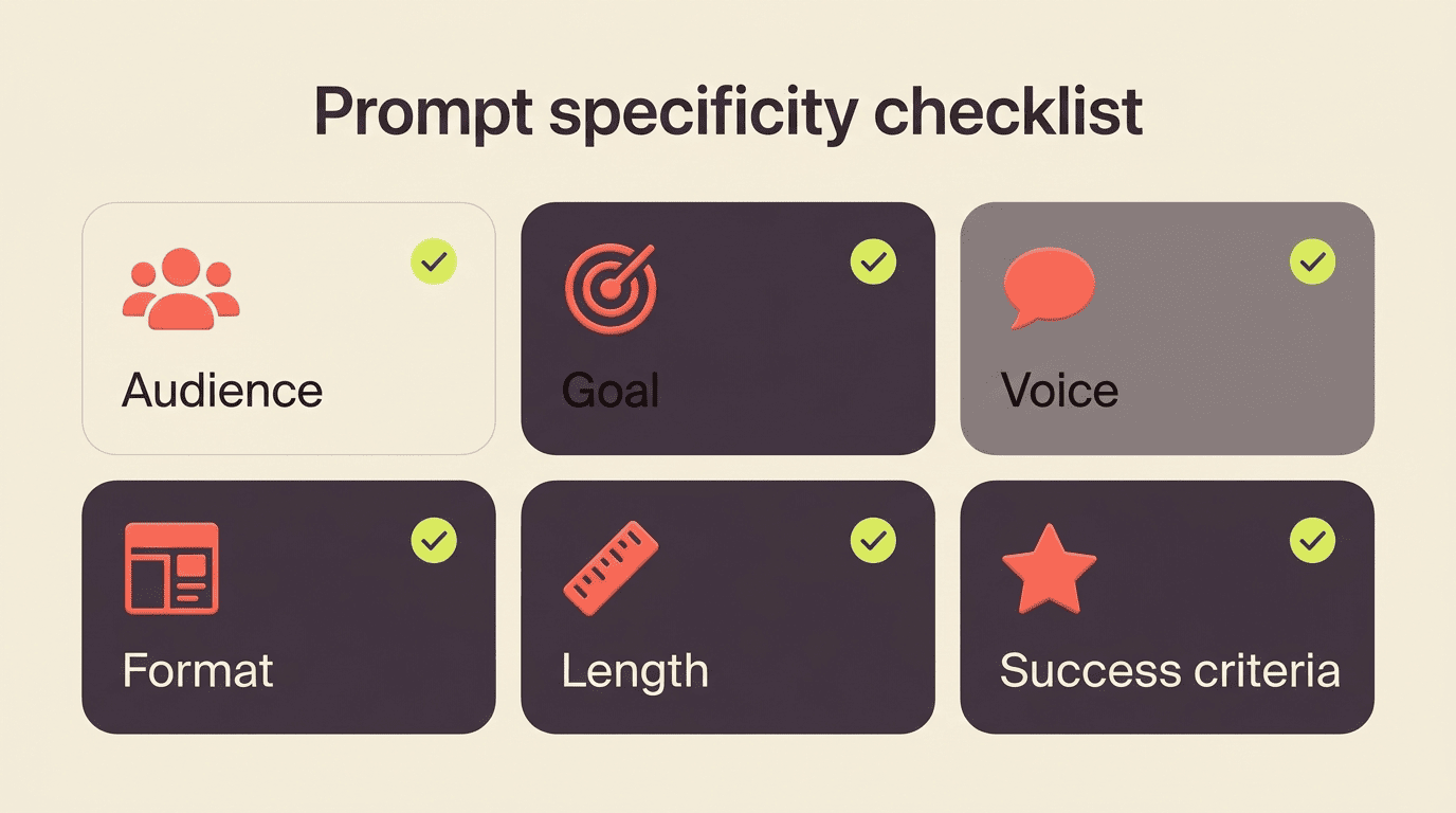 Prompt specificity checklist: audience, goal, voice, format, length, success criteria