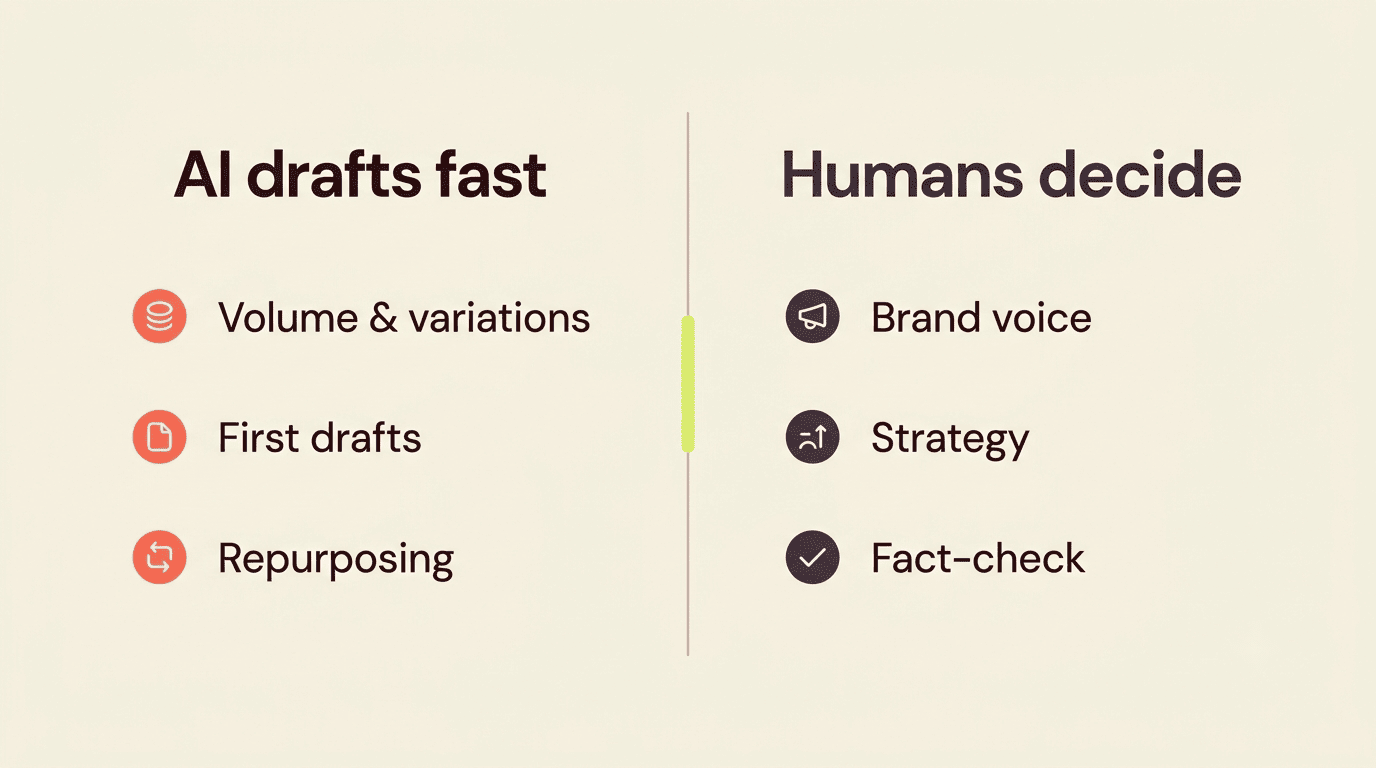 Split comparison: AI drafts fast (volume, first drafts, repurposing) versus humans decide (brand voice, strategy, fact-check)