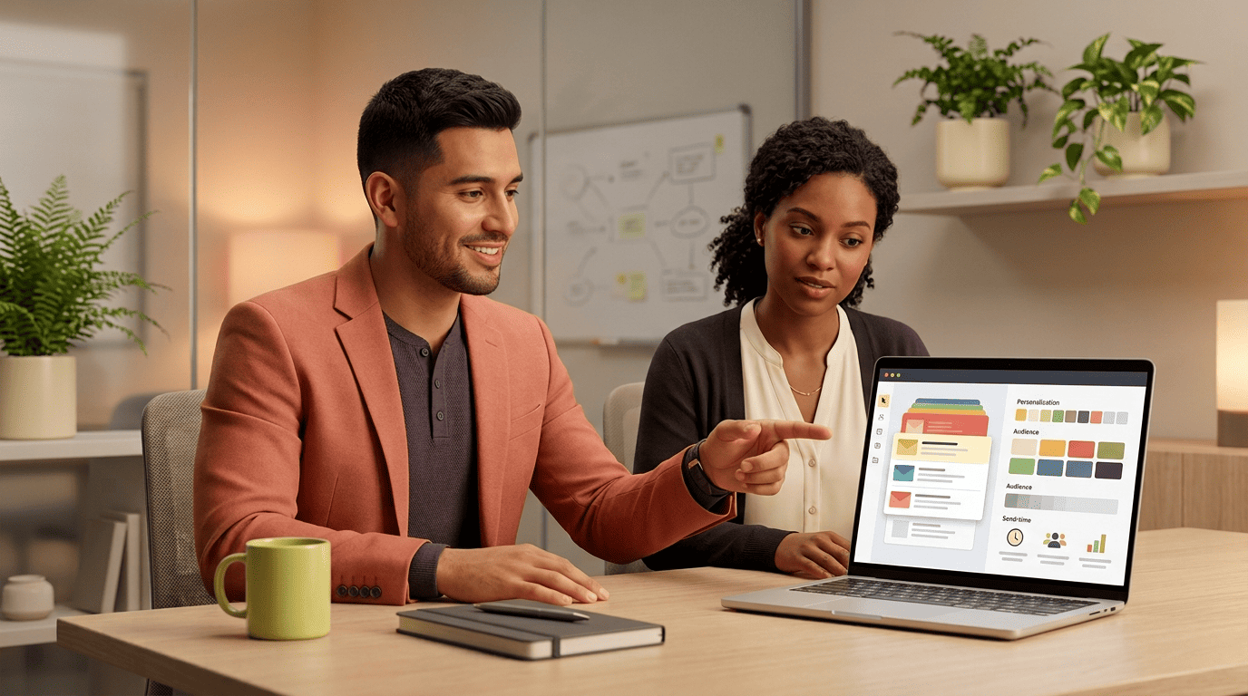 A marketing mentor and colleague reviewing an AI-assisted email campaign builder on a laptop