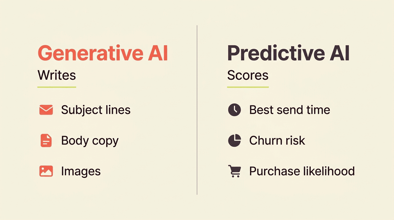 Generative AI writes subject lines, body copy, and images; predictive AI scores best send time, churn risk, and purchase likelihood