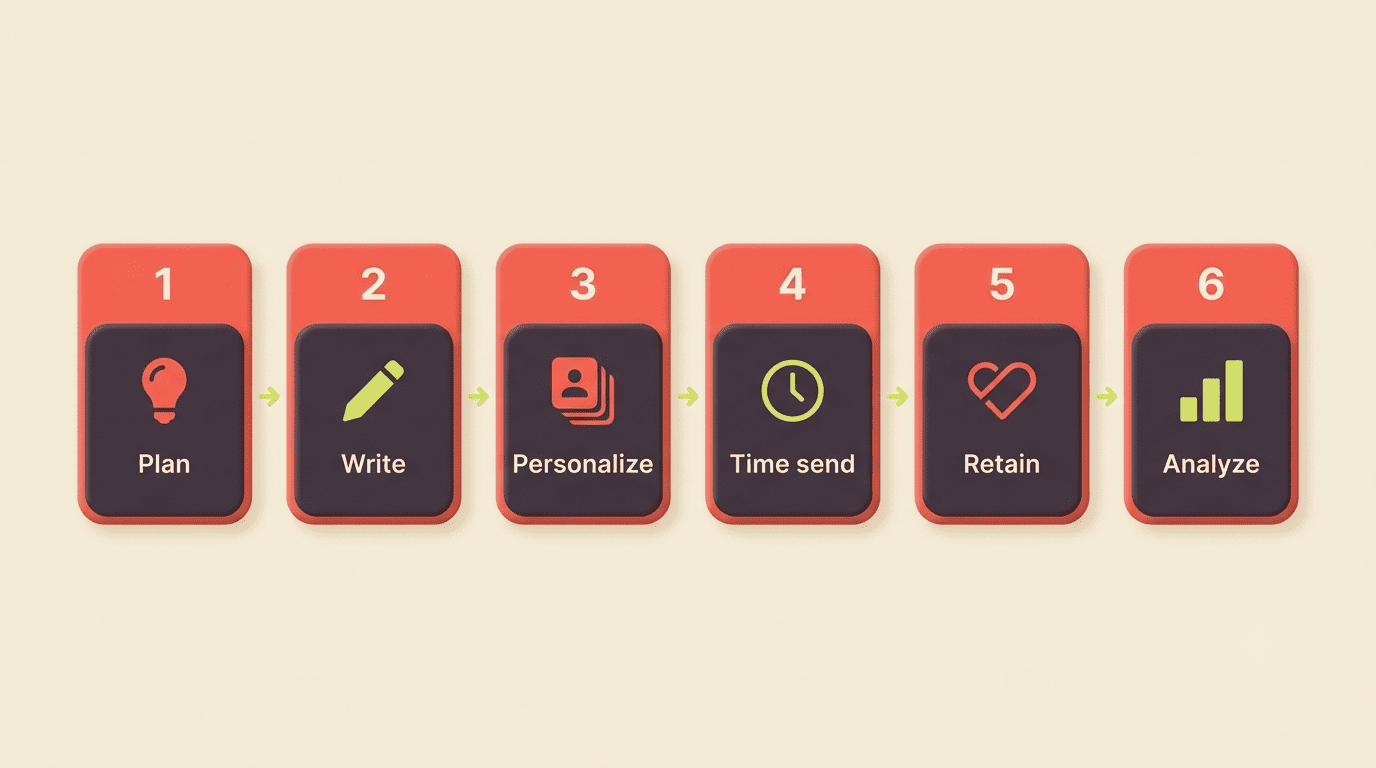 Six-stage AI email campaign flow: plan, write, personalize, time send, retain, analyze