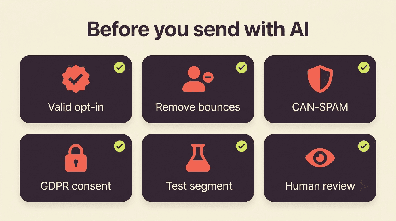 Pre-send checklist: valid opt-in, remove bounces, CAN-SPAM, GDPR consent, test segment, human review