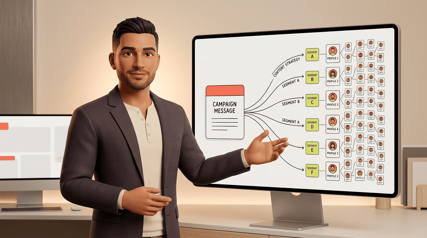 A marketing mentor showing how one campaign message fans out into thousands of personalized customer profiles