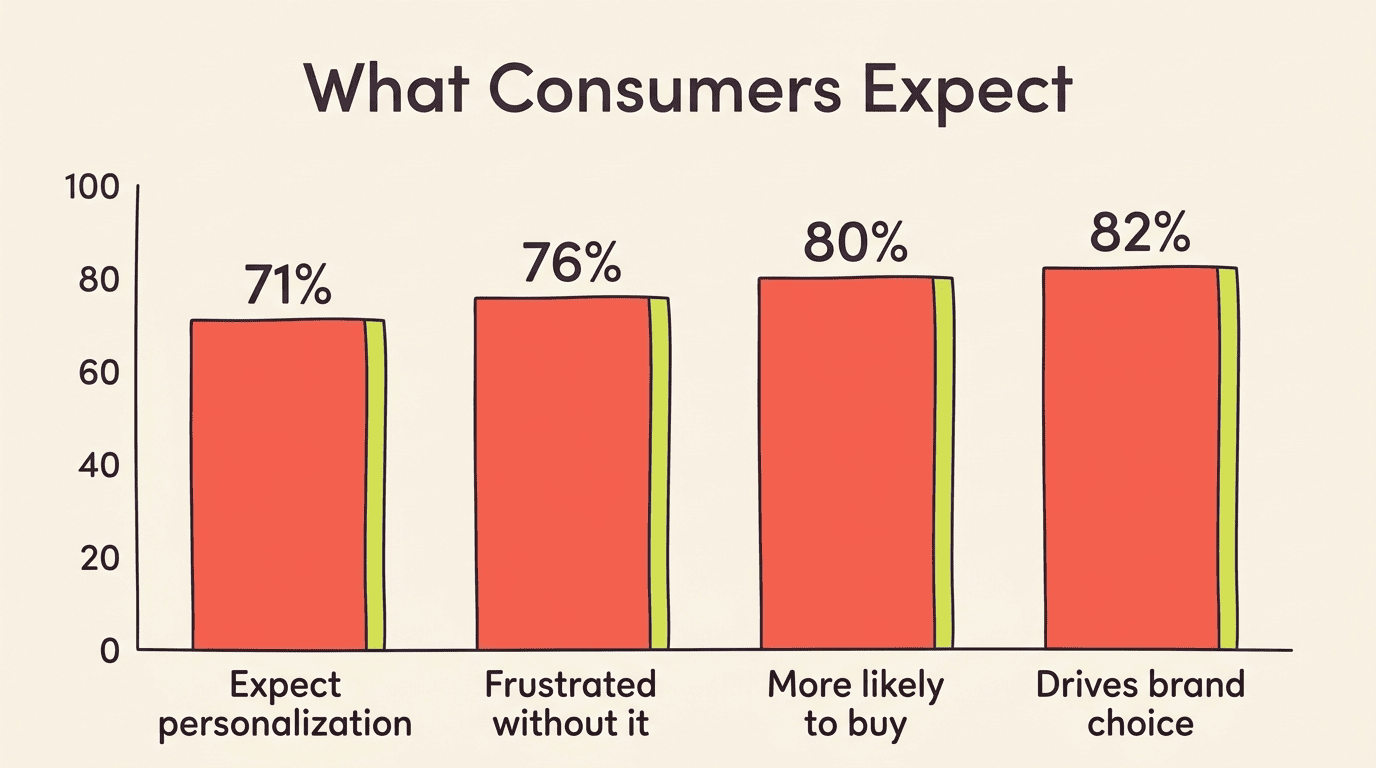 Bar chart showing consumer expectations for personalization: 71%, 76%, 80%, and 82%