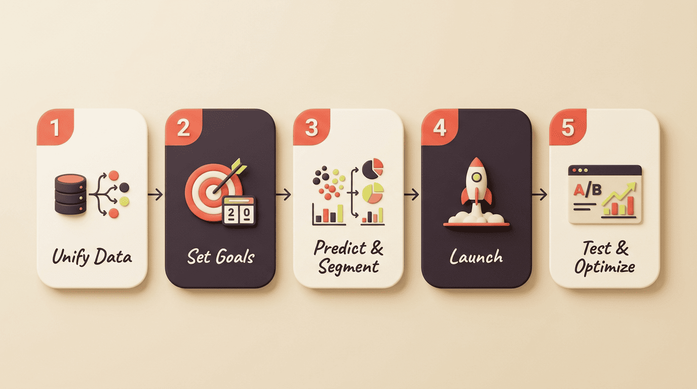 Five-step AI personalization workflow: unify data, set goals, predict and segment, launch, test and optimize