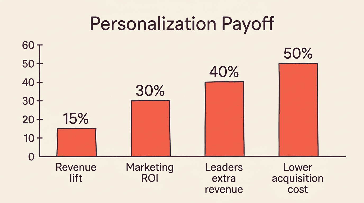 Bar chart of personalization payoff: 15% revenue lift, 30% marketing ROI, 40% more revenue for leaders, 50% lower acquisition cost