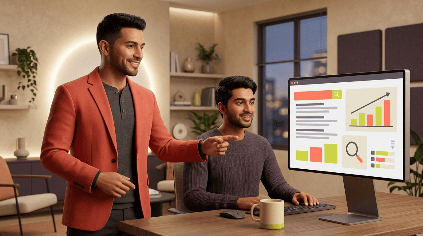 A marketing mentor guiding a colleague through an SEO dashboard with rankings and AI search panels
