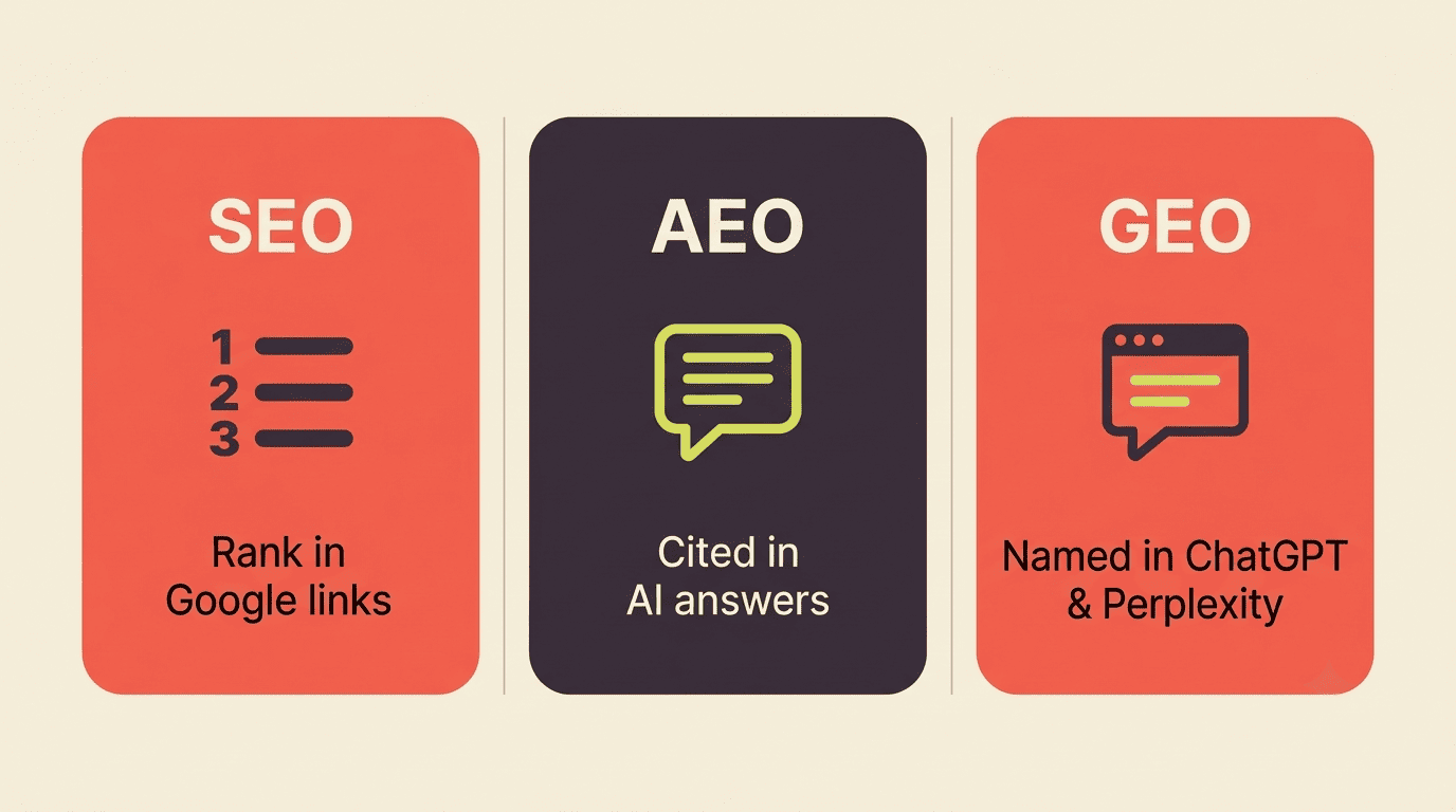 Comparison of SEO, AEO, and GEO: ranking in Google, being cited in AI answers, and being named in ChatGPT and Perplexity