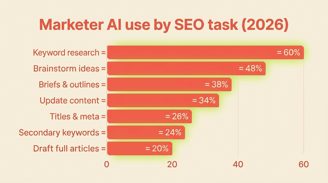 Bar chart of marketer AI use by SEO task in 2026: keyword research 60%, ideas 48%, briefs 38%, updates 34%, titles and meta 26%, secondary keywords 24%, drafting full articles 20%