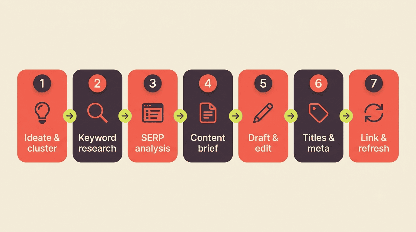 Seven-step AI SEO workflow: ideate and cluster, keyword research, SERP analysis, content brief, draft and edit, titles and meta, link and refresh