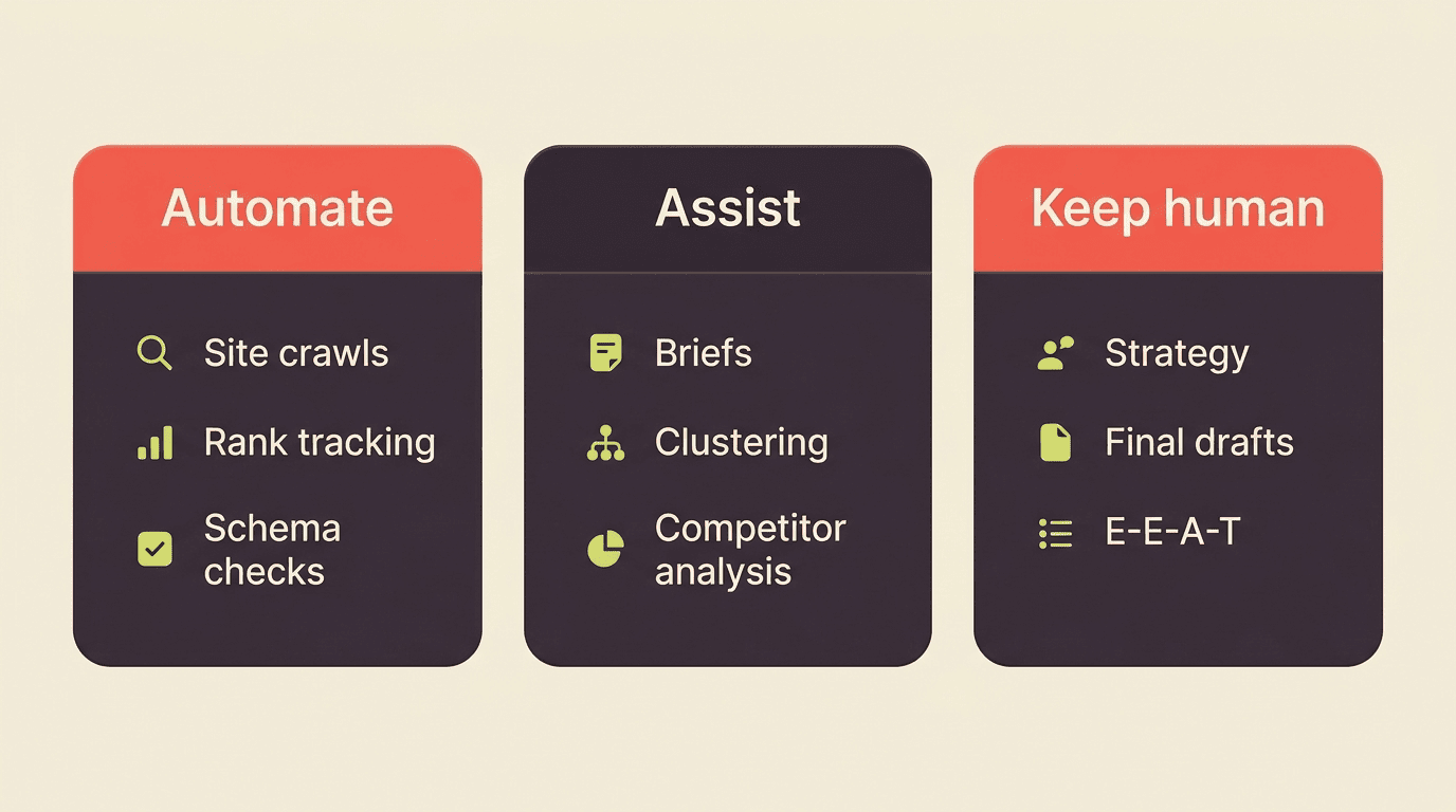 Automate, Assist, Keep human framework: crawls and rank tracking automated, briefs and clustering assisted, strategy and E-E-A-T kept human