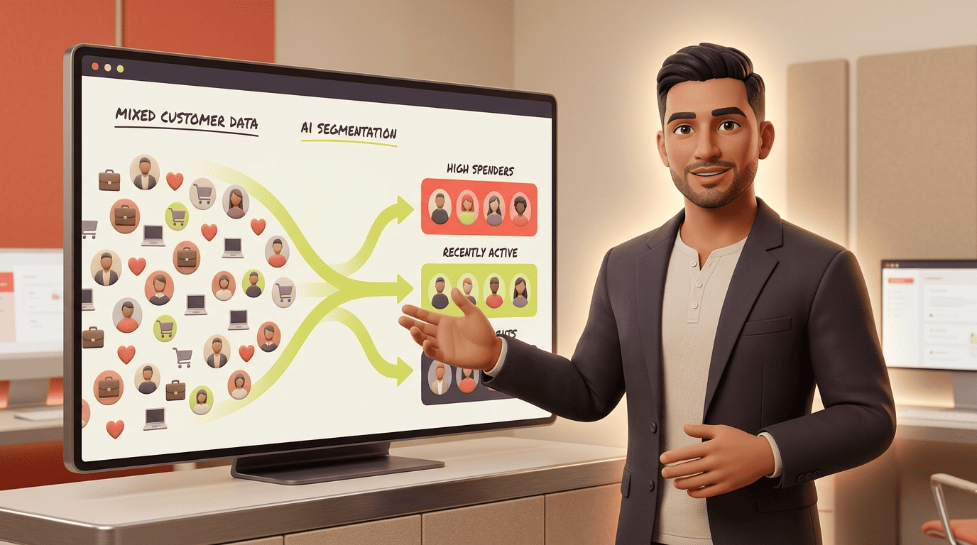 A marketing mentor showing AI sorting a pool of customer data into distinct audience segments
