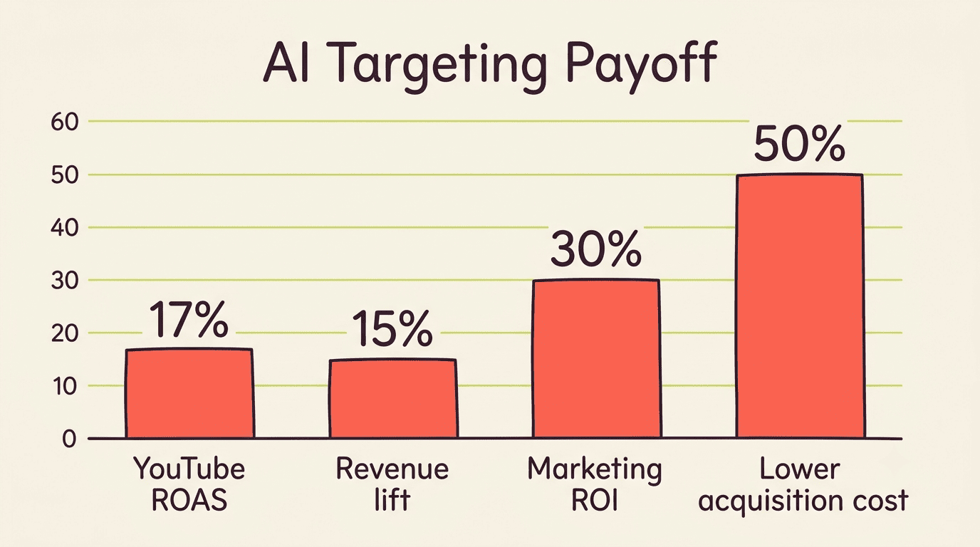 Bar chart of AI targeting payoff: 17% higher YouTube ROAS, 15% revenue lift, 30% marketing ROI, 50% lower acquisition cost