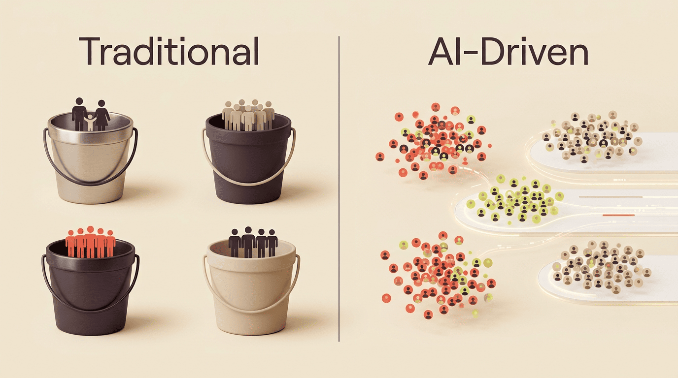 Comparison of traditional static demographic buckets versus dynamic AI-driven behavioral segments