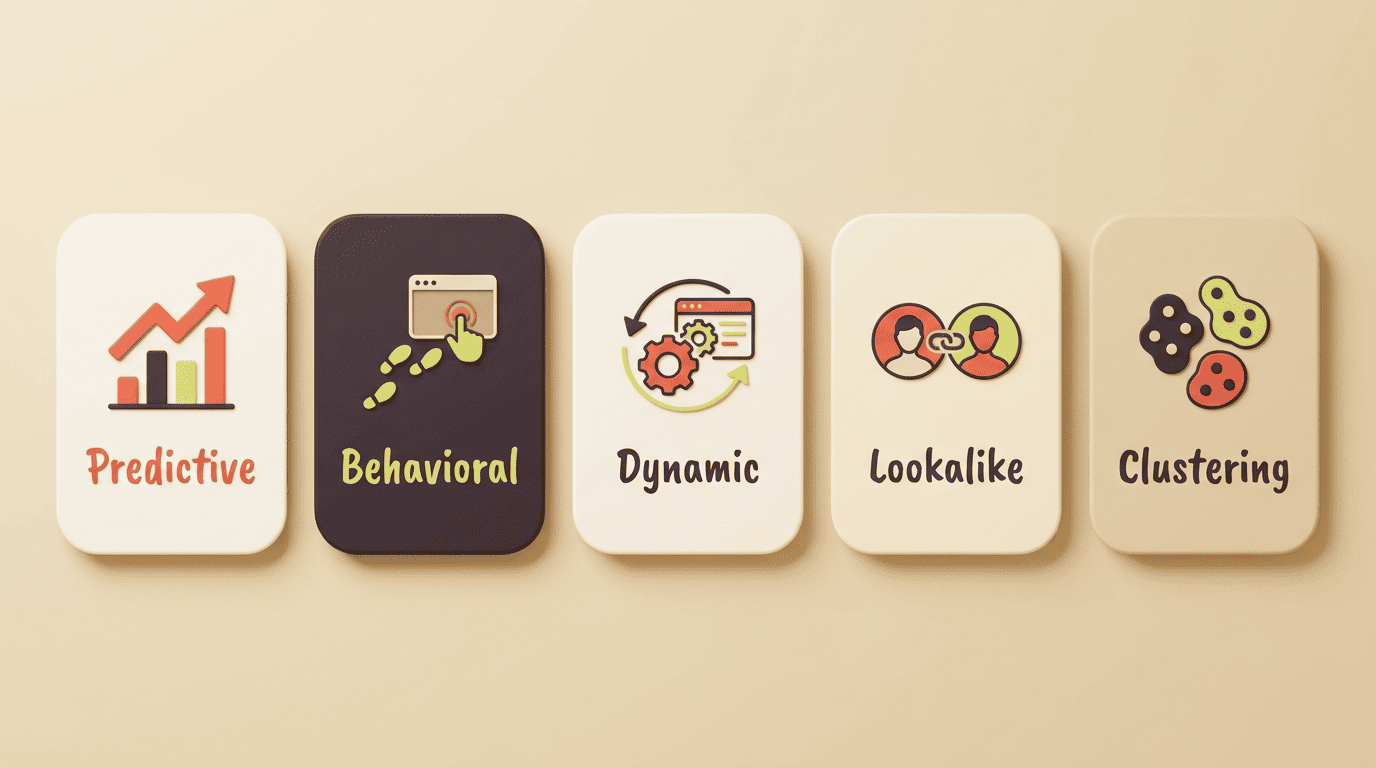 Five types of AI audience segmentation: predictive, behavioral, dynamic, lookalike, and clustering