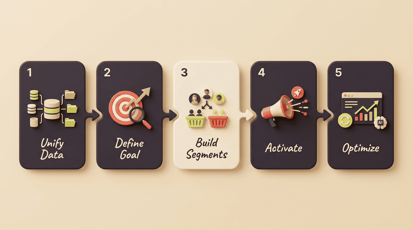 Five-step AI segmentation workflow: unify data, define goal, build segments, activate, optimize