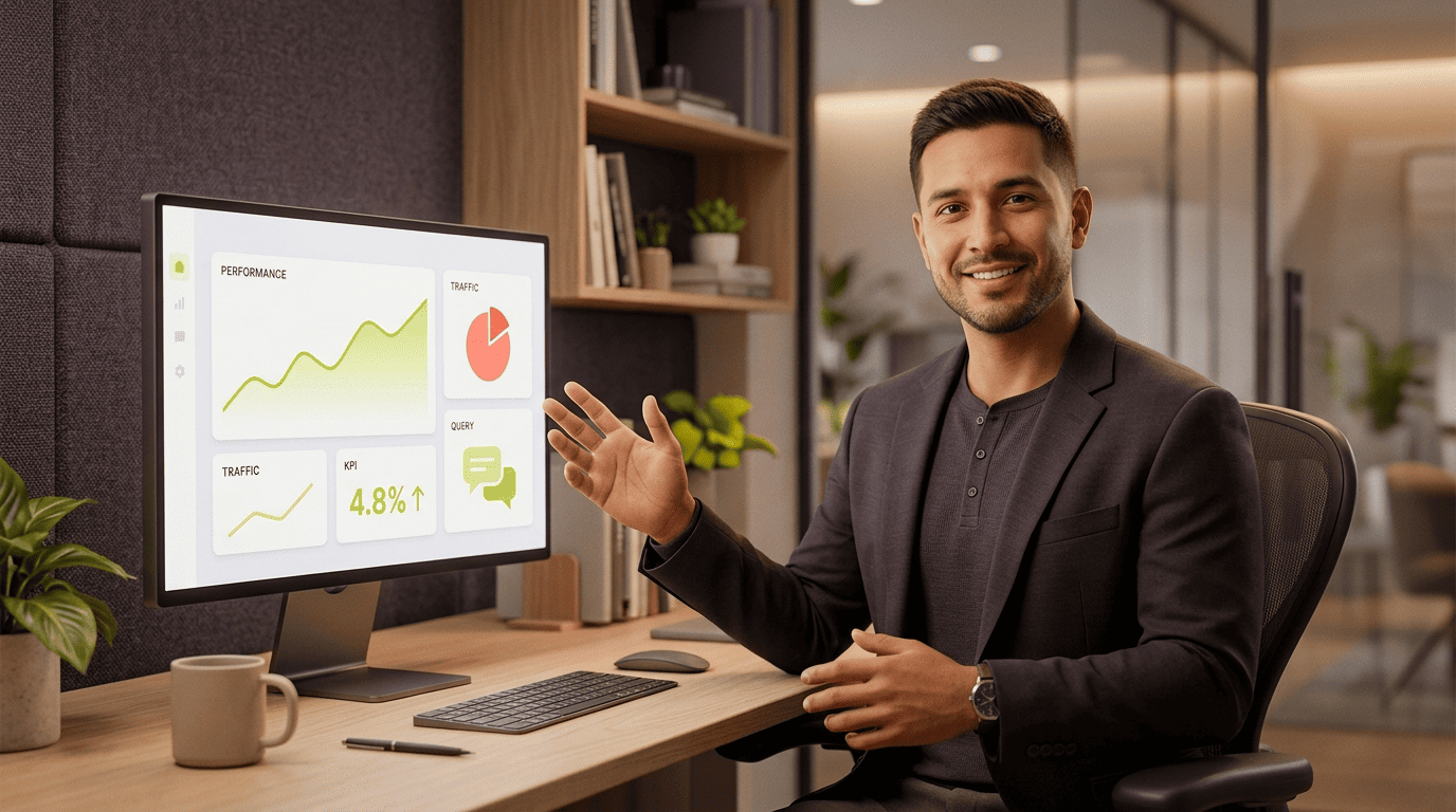 AI marketing mentor reviewing an analytics dashboard with trend lines, KPIs, and natural-language querying