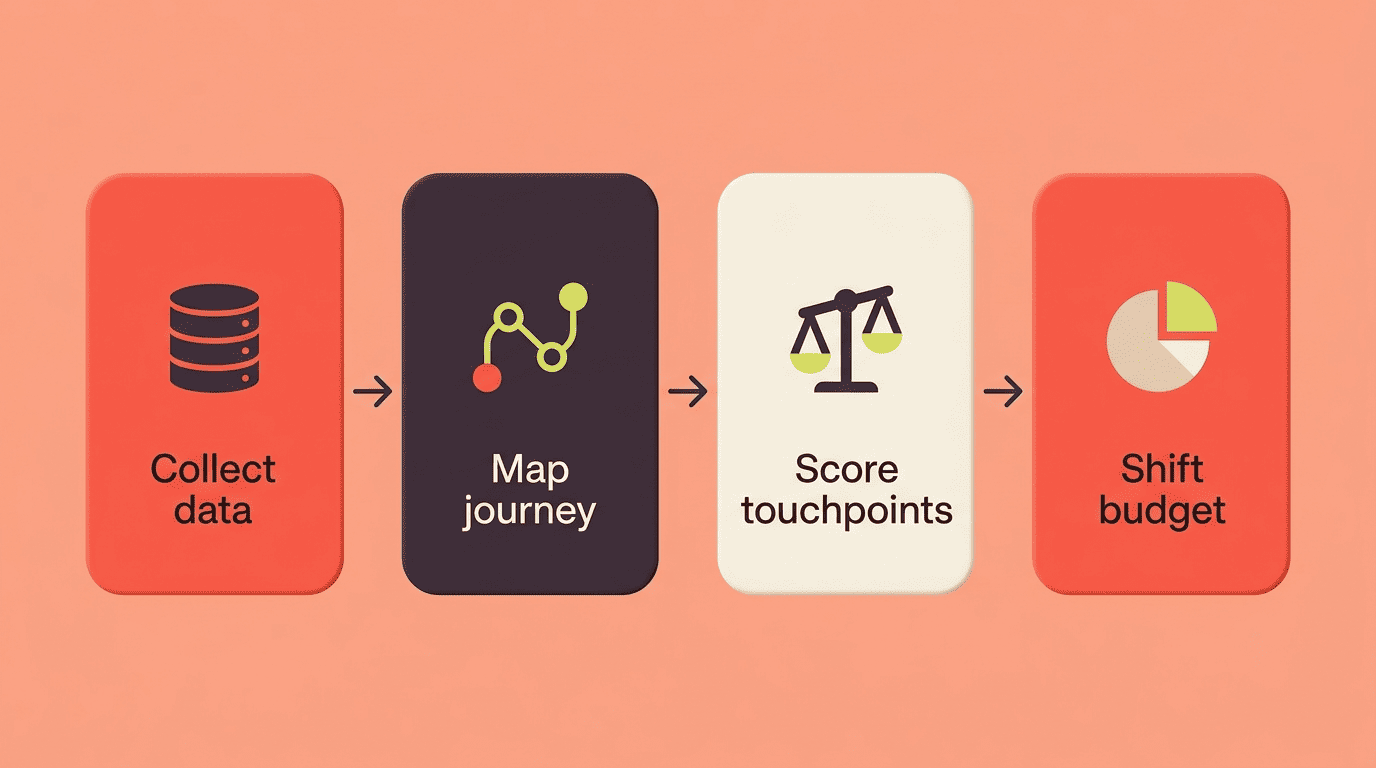 Four-step flow of AI attribution: collect data, map journey, score touchpoints, shift budget
