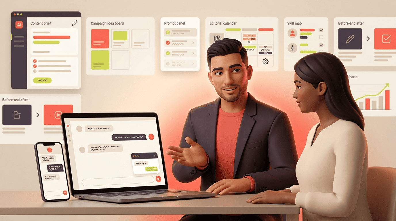 A marketing mentor and a marketer reviewing a live chatbot conversation on a laptop