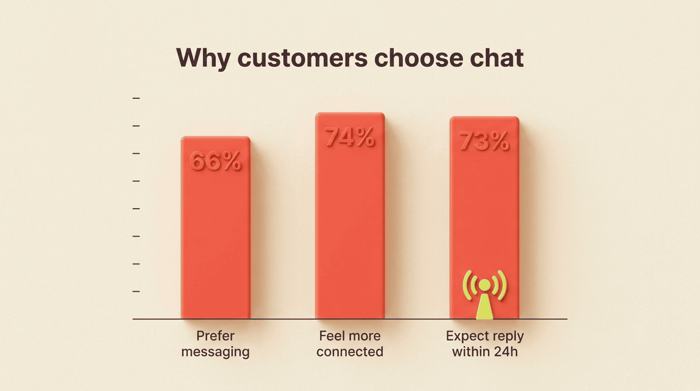 Bar chart: 66% prefer messaging, 74% feel more connected, 73% expect a reply within 24 hours