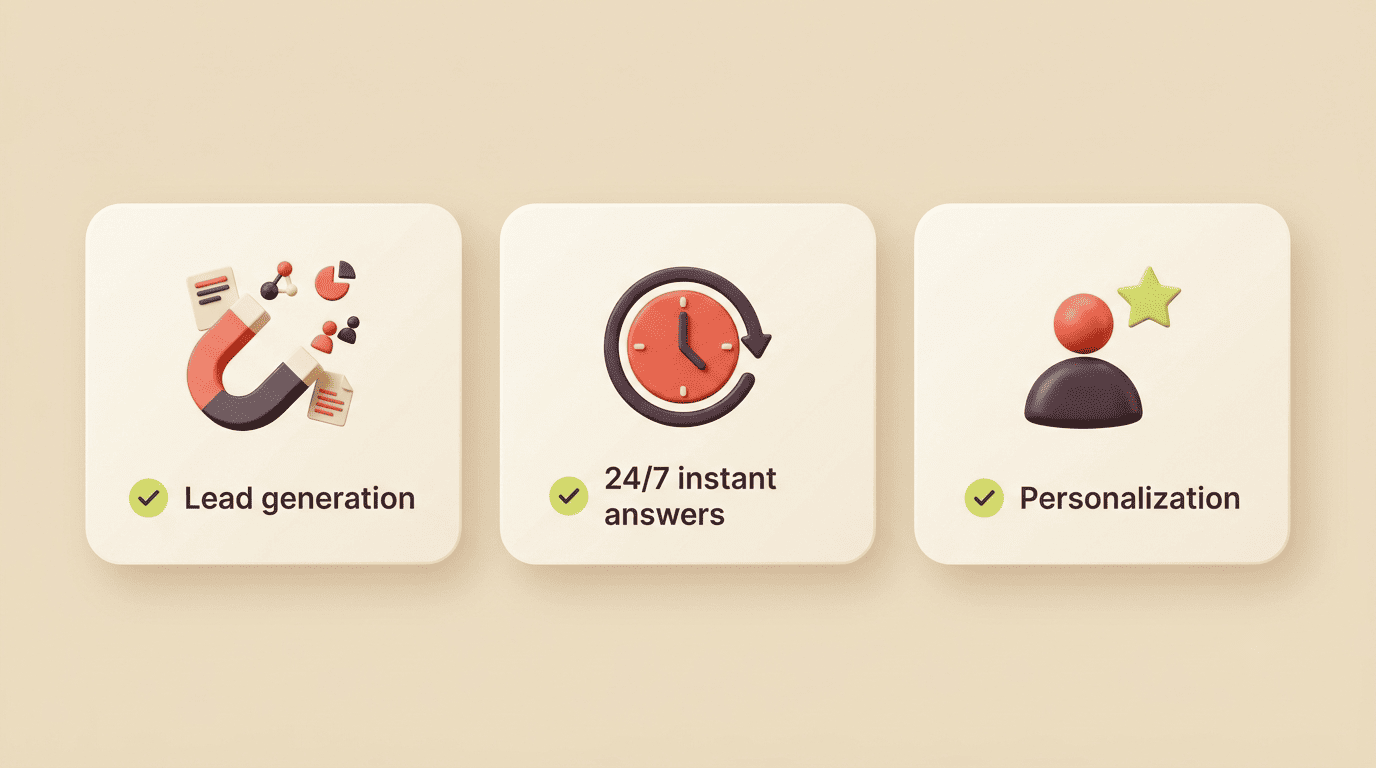 Three chatbot use cases: lead generation, 24/7 instant answers, and personalization