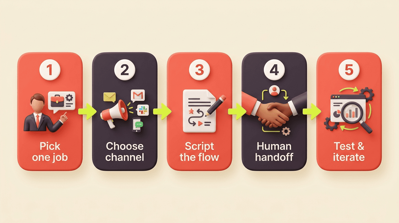 Five-step chatbot marketing strategy: pick one job, choose channel, script the flow, human handoff, test and iterate