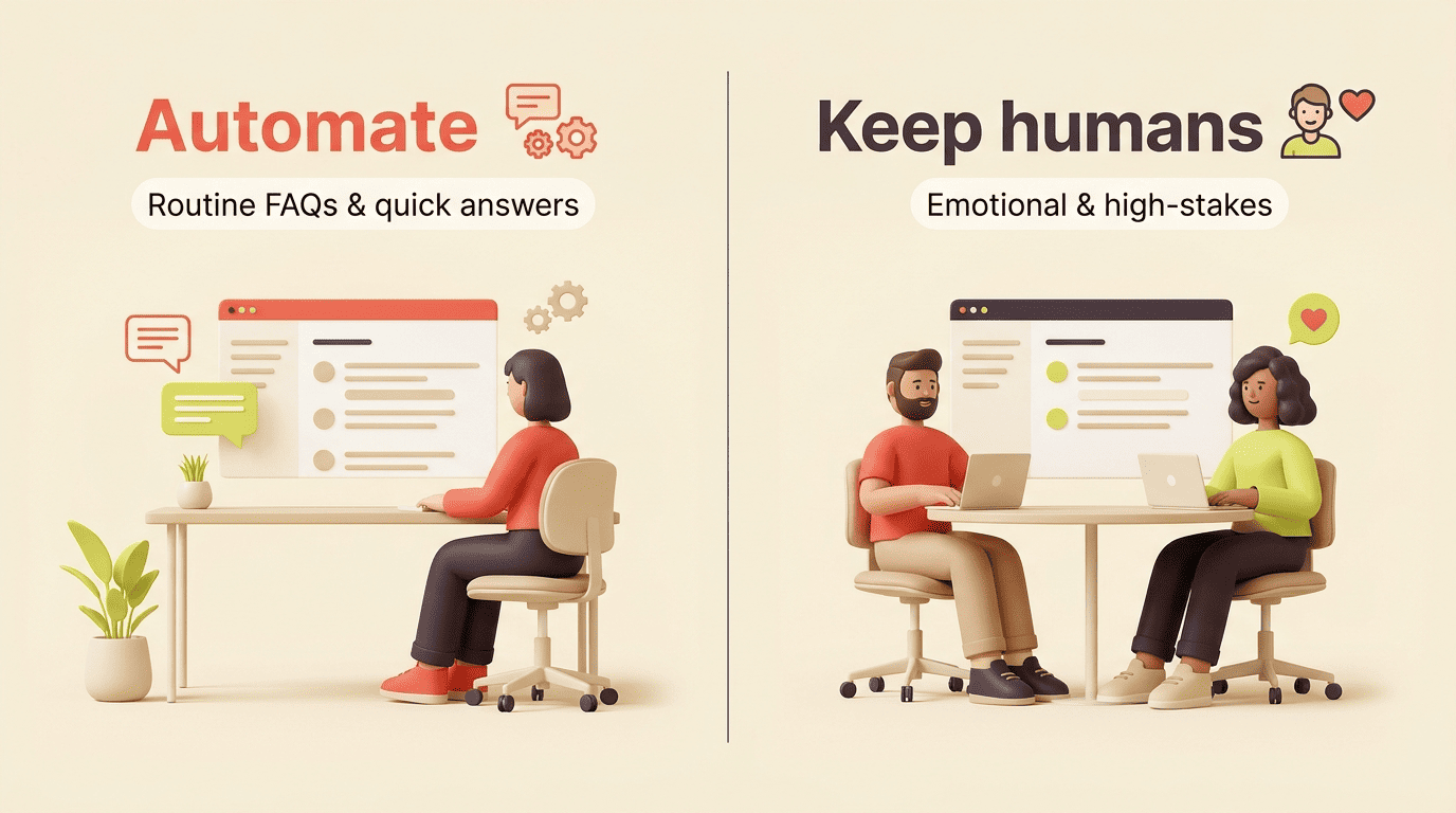 Split comparison: automate routine FAQs versus keeping humans for emotional and high-stakes conversations