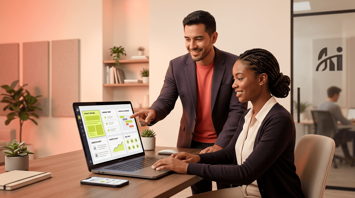 A marketing mentor coaching a marketer on how to write a structured AI prompt on a laptop