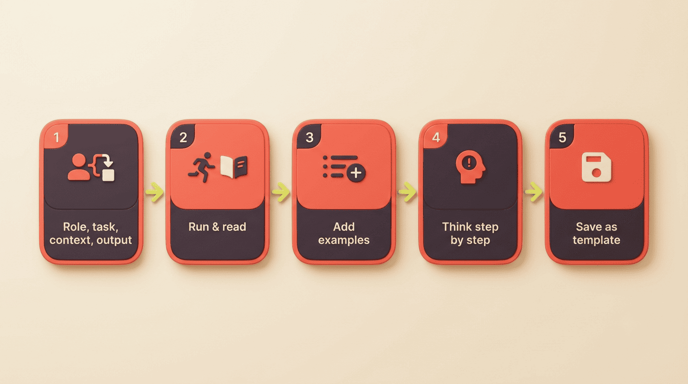 Five-step prompting workflow: role-task-context-output, run and read, add examples, think step by step, save as template