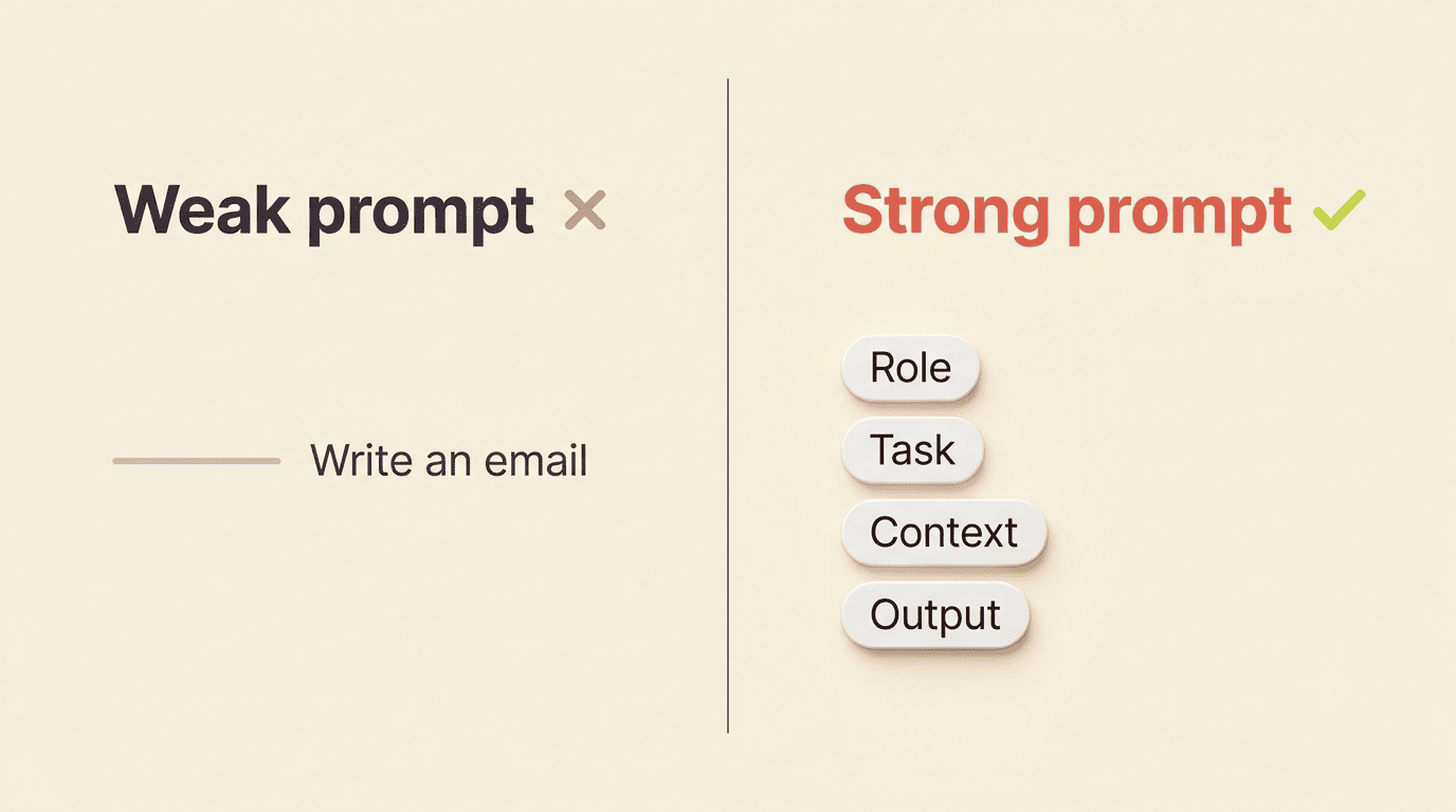 Comparison: a weak one-line prompt versus a strong prompt with role, task, context, and output