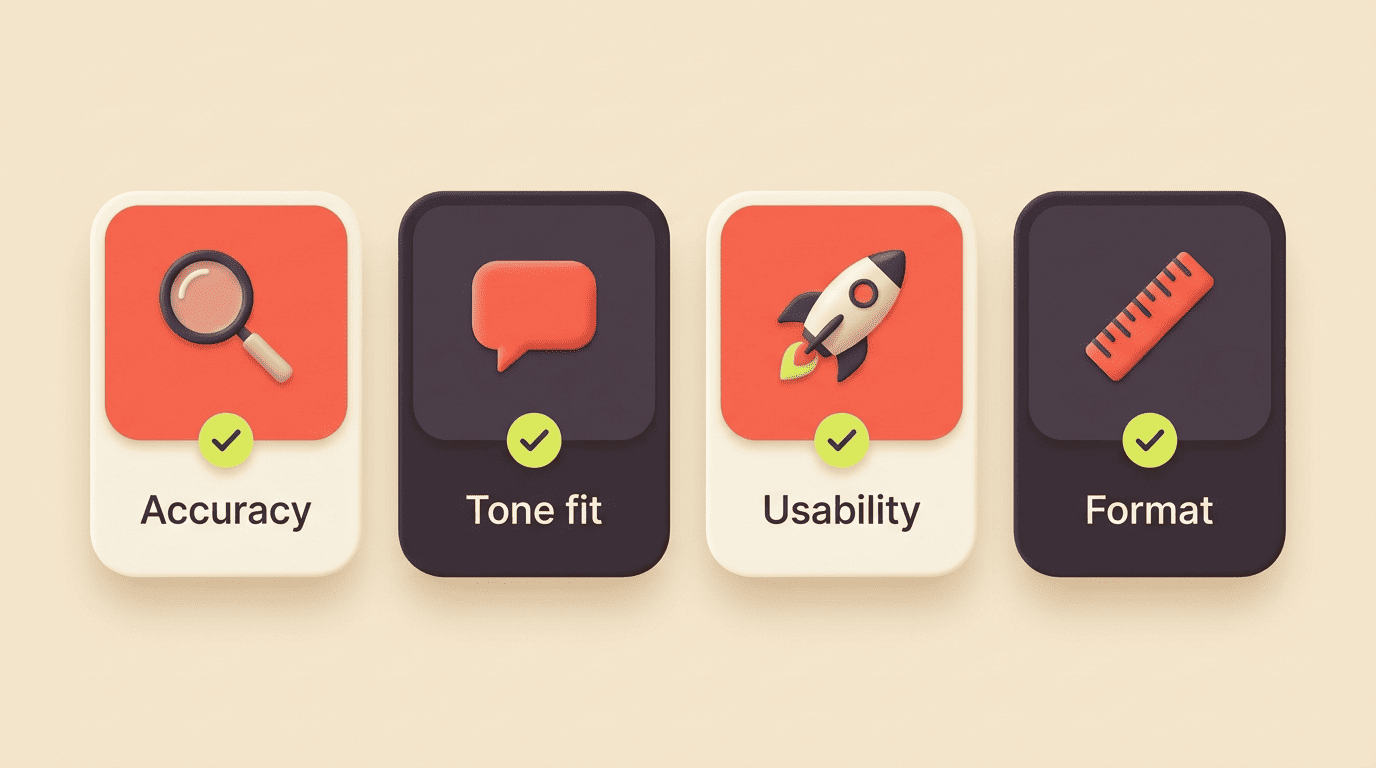 Four-criteria prompt quality rubric: accuracy, tone fit, usability, and format compliance