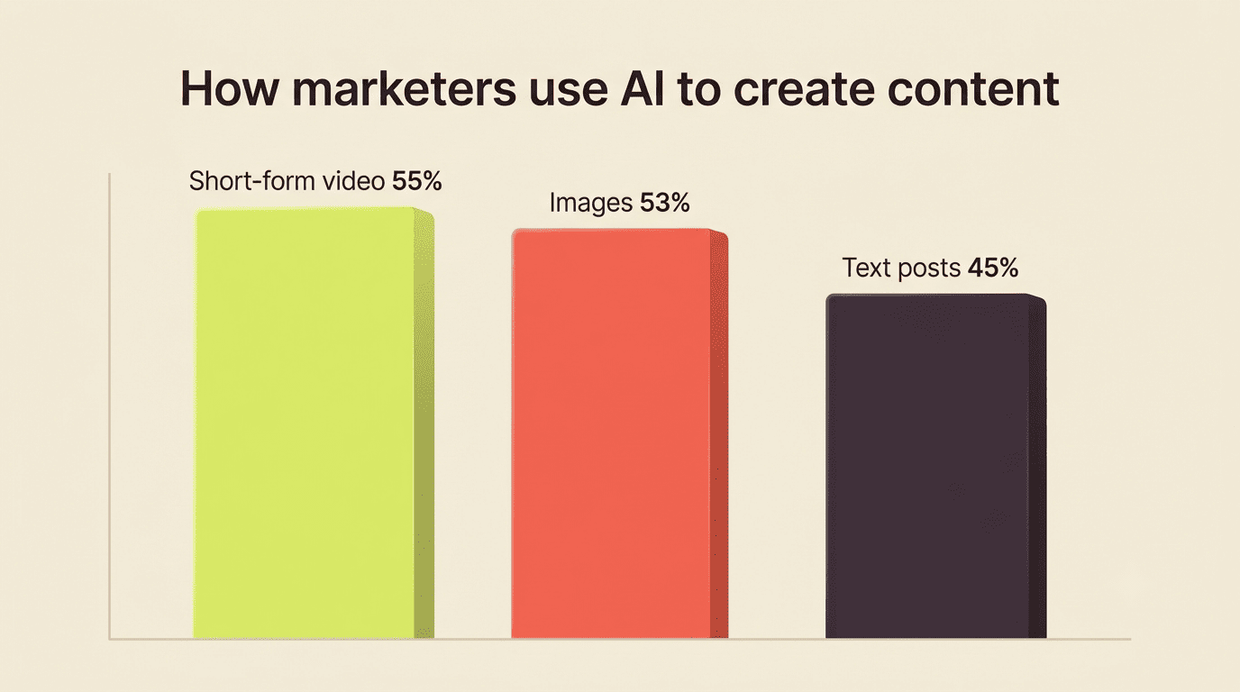 Bar chart: 55% of marketers use AI for short-form video, 53% for images, 45% for text posts