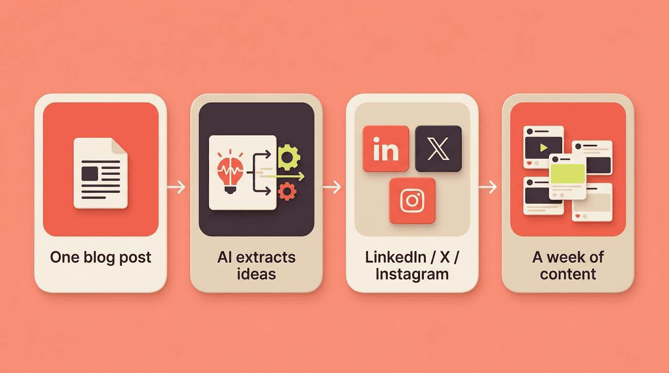 Four-step flow turning one blog post into a week of platform-specific social content with AI