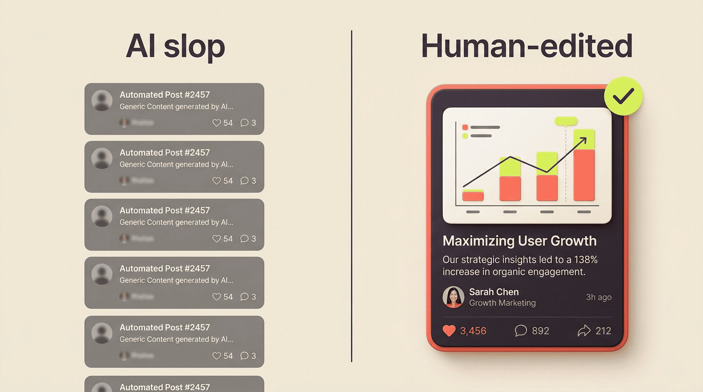 Split comparison of mass-produced AI slop posts versus a polished human-edited social post