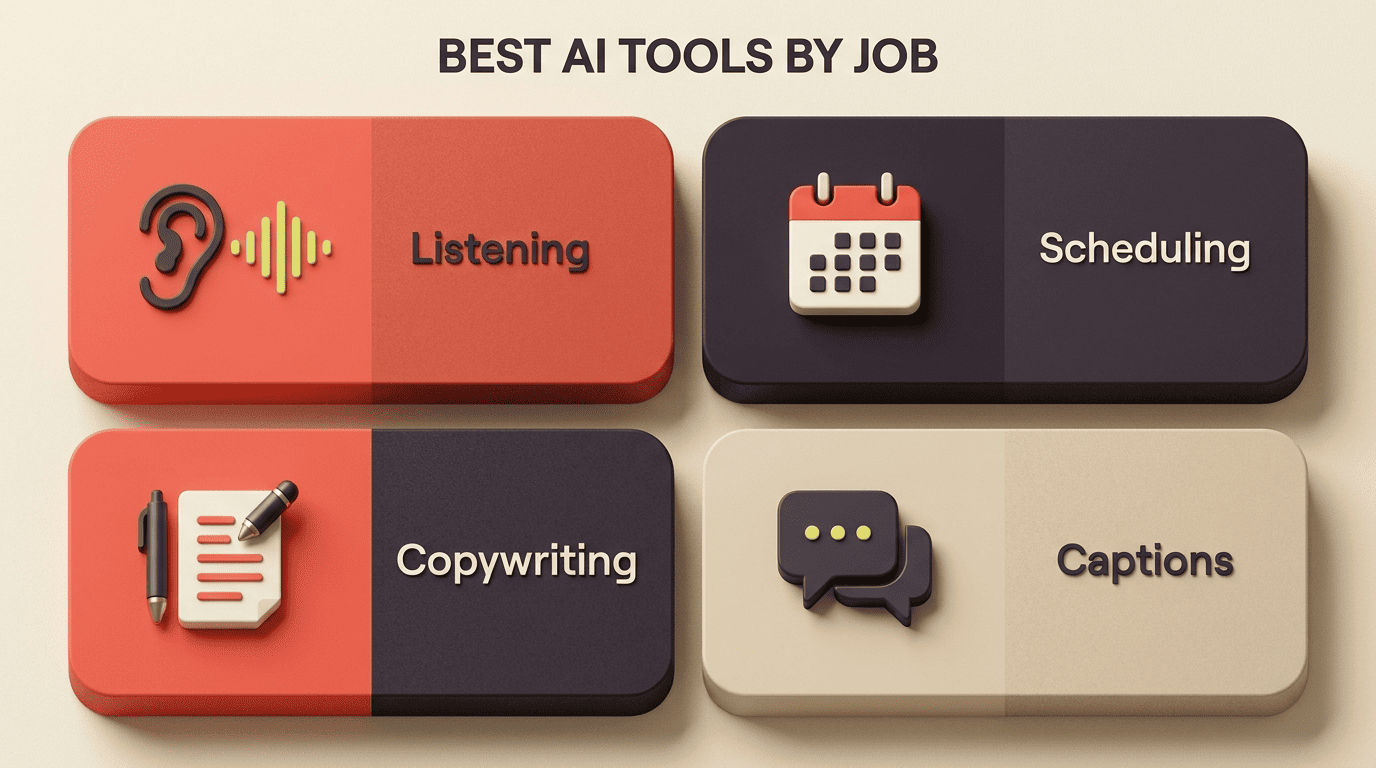 Grid of four AI social media tool categories: listening, scheduling, copywriting, captions
