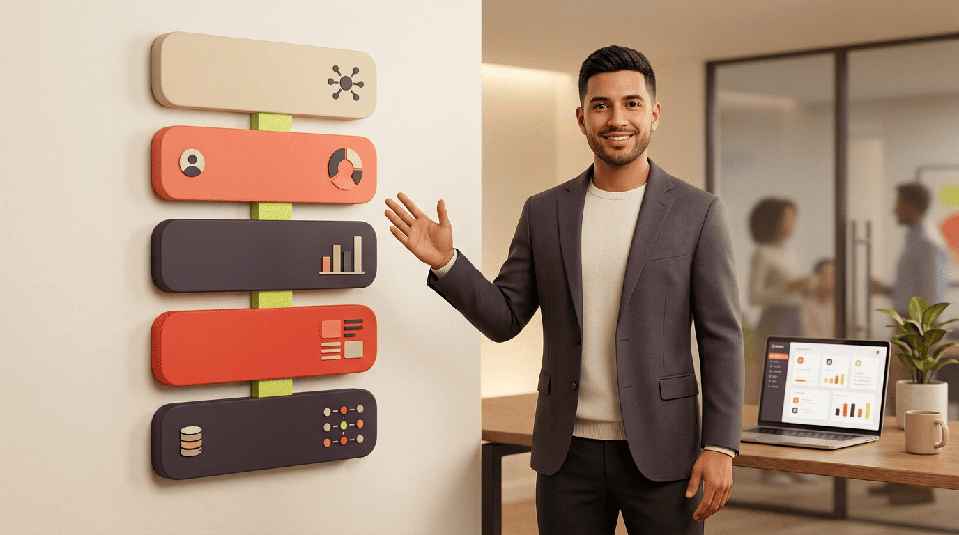 A marketing mentor presenting a lean, organized AI marketing stack as a set of connected layer-blocks