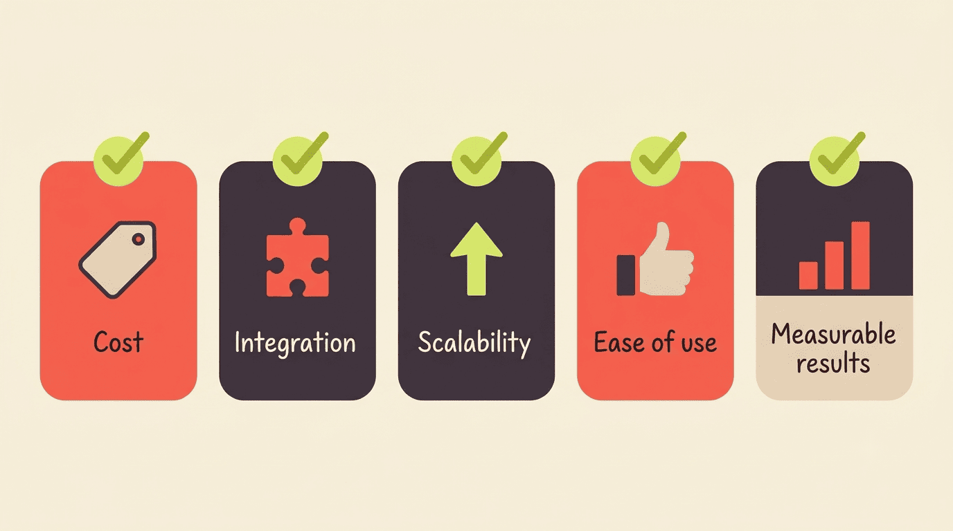 Five criteria for choosing AI marketing tools: cost, integration, scalability, ease of use, measurable results