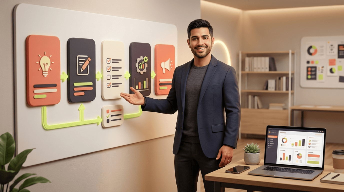 A marketing mentor mapping an AI marketing workflow as a connected chain of steps on a board