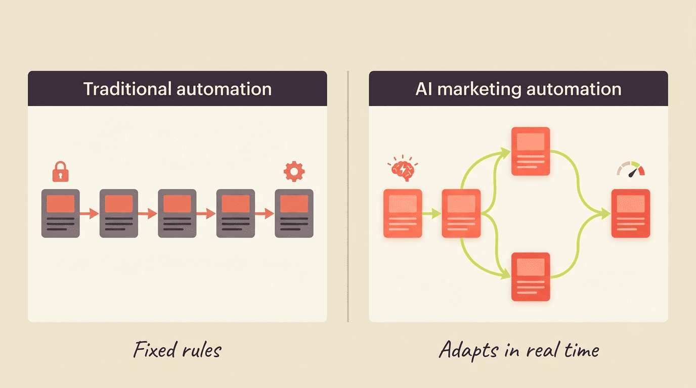 Side-by-side comparison of rigid traditional automation versus adaptive AI marketing automation